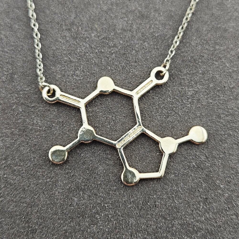 Caffeine Molecule Pendant Necklace Silver Tone Chain Chemist Scientist Lab Tech - Picture 2 of 5